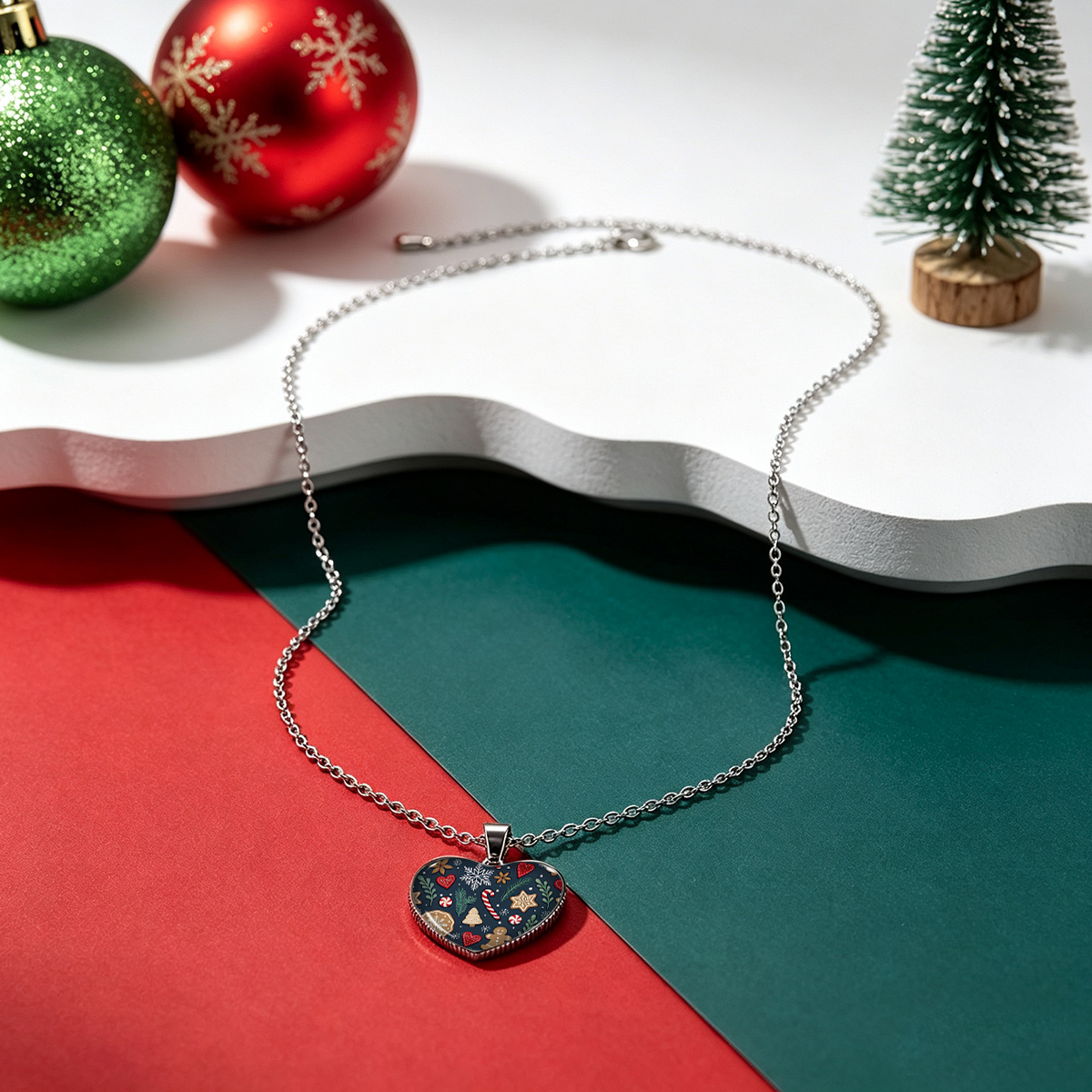 Heart Pendant Stainless Steel Necklace with Christmas Pattern